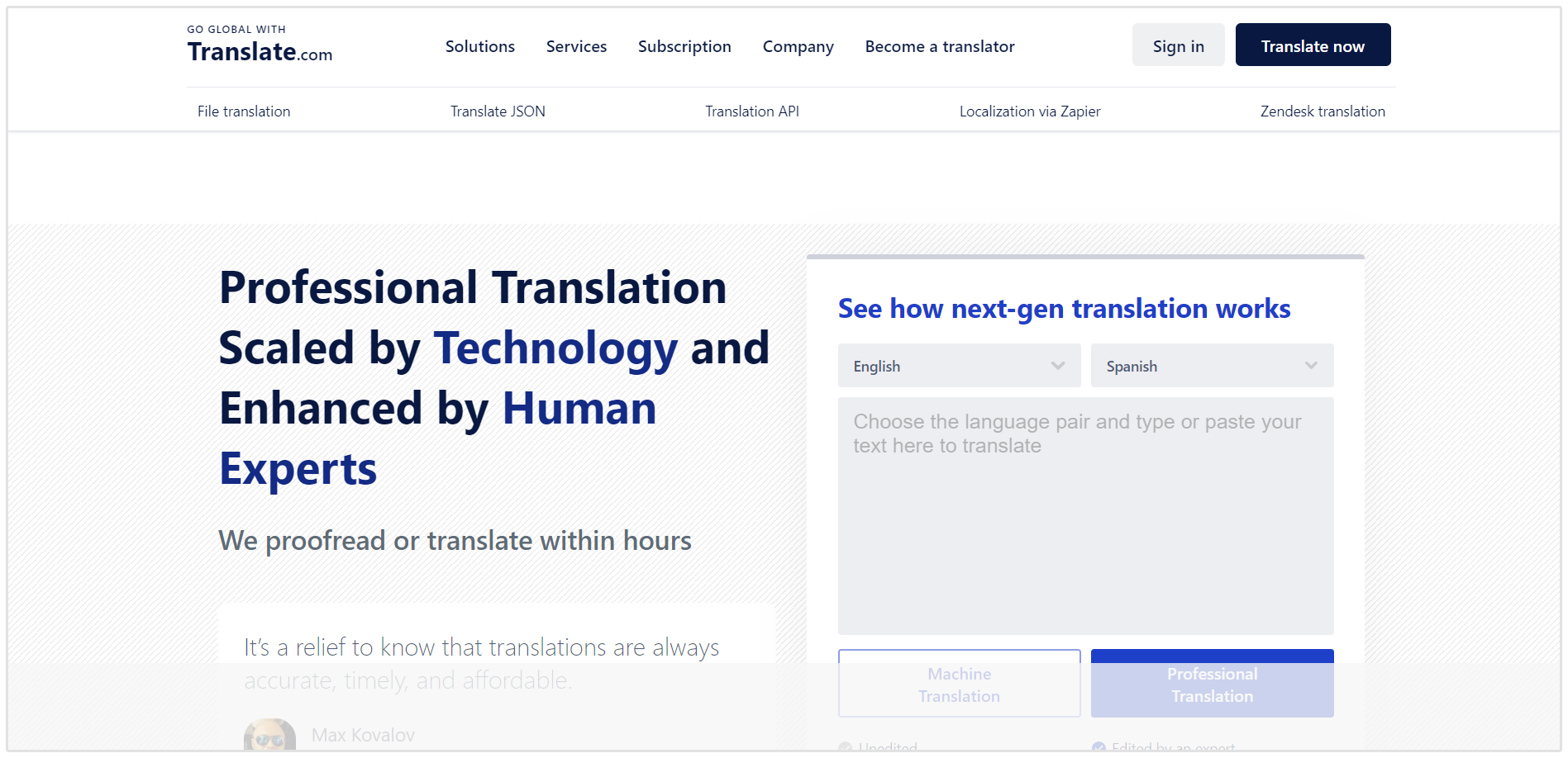 Strona internetowa Translate.com