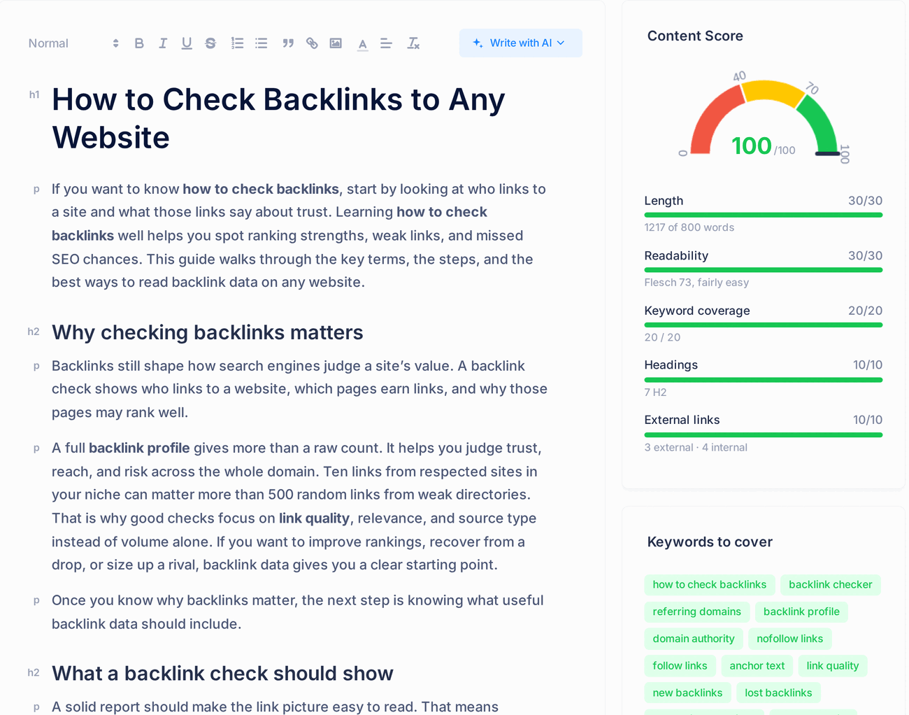 AI Writer editor with content score
