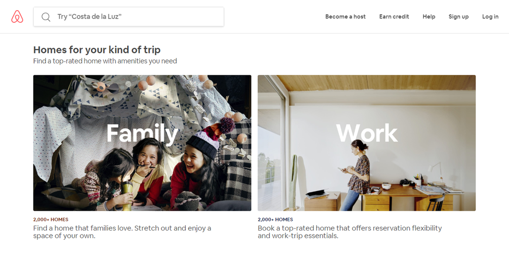 página de inicio de airbnb