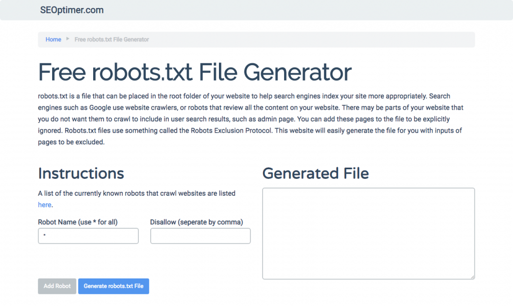 SEOptimer kostenloser robots.txt Generator