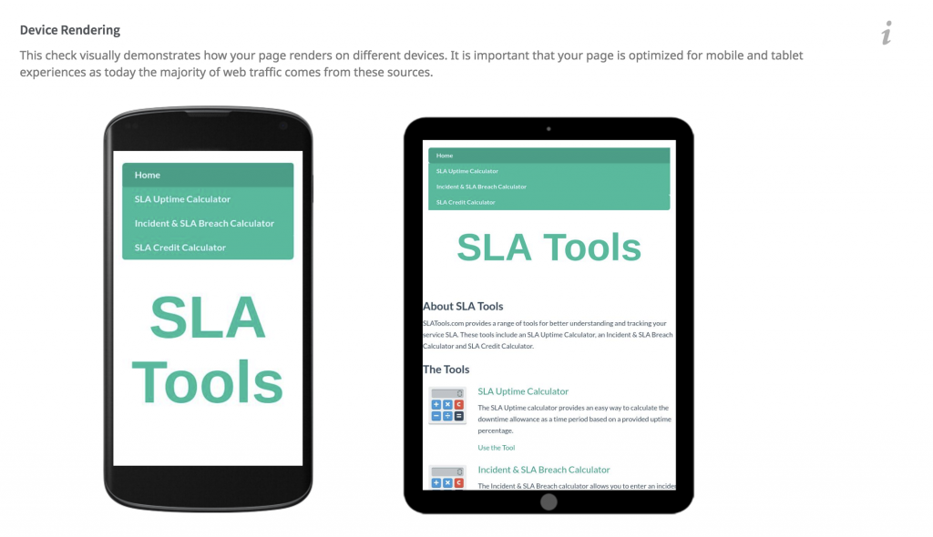 seoptimer デバイスレンダリング監査ツールの例