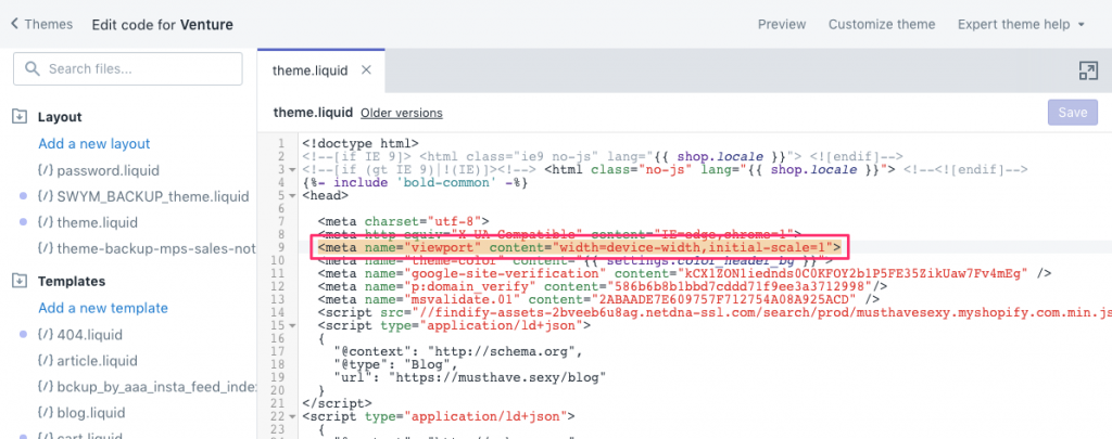 Shopifyでのビューポートはtheme.liquidファイルの下に位置しています