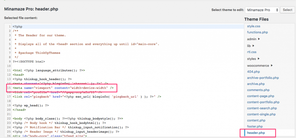 WordPressのviewport header.phpファイルはどこにありますか