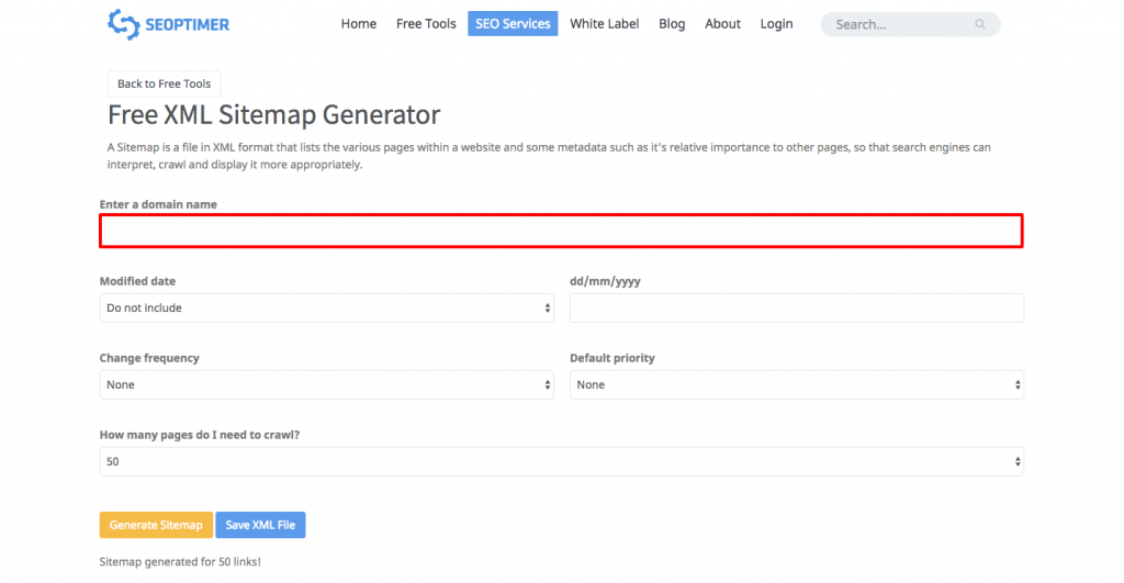 seoptimer sitemap generator como inserir URL