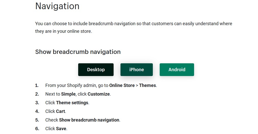 Shopify instructions for adding website breadcrumbs